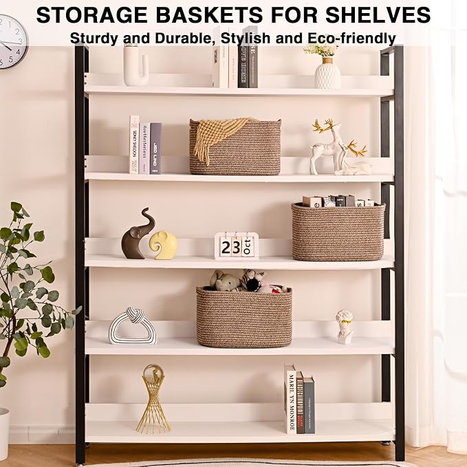 Storage Baskets for Organizing Shelves, Woven Cotton Rope Bins for Organization, Dog Toy Organizer for Shelf Living Room Bedroom, 14.8"×11"×9.5", Pack of 3, Dark Brown