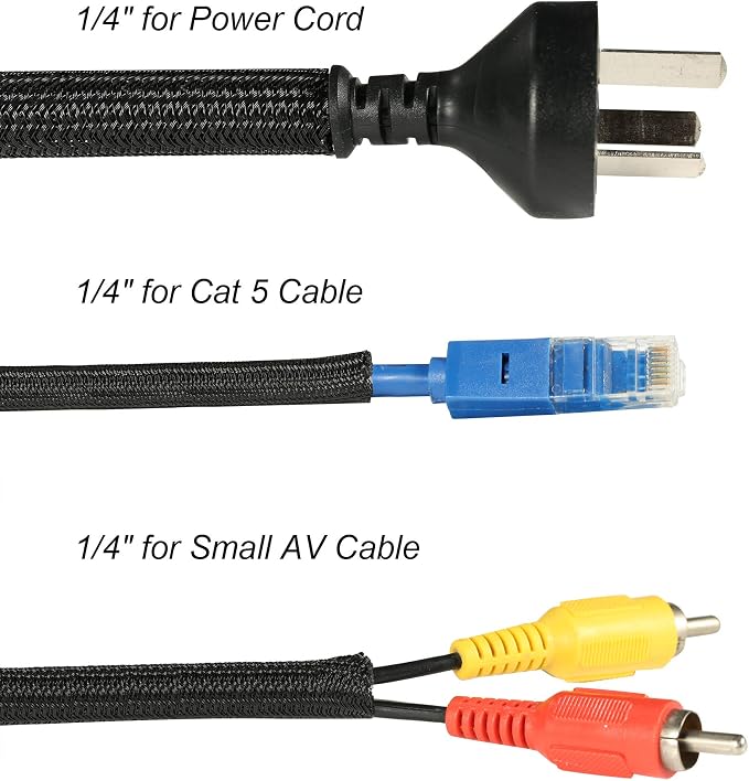 Cable Management Sleeve, Split Design, 25FT - 1/4 Inch, Black | Cord Protectors from Pets | Heat & Abrasion Resistant Wire Loom | Automotive Wiring & Home Office Cable Organization