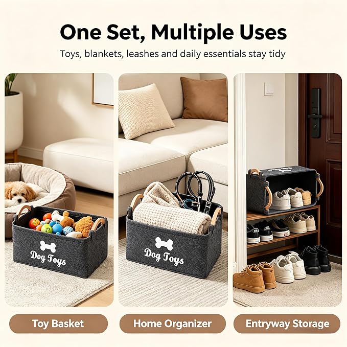 Dog Toy Storage Basket, Felt Pet Toy Organizer with Wooden Handles, Collapsible Pet Supplies Storage Bin for Dog Cat Toys, Treats, Accessories, Home Office Closet Organizer (DarkGray-2)