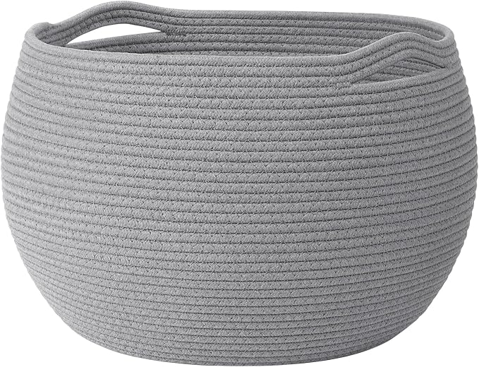 Goodpick Large Toy Storage Basket for Kids, Round, 15.7" x 10.5", Grey | Woven Rope Basket with Handles, Holds Blankets, Toys & Baby Shower, Decorative Basket for Living Room & Bedroom Décor