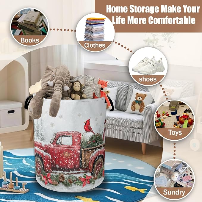 Laundry Basket Merry Christmas Collapsible Laundry Baskets Waterproof Oxford Cloth With Handles,Red Truck Laundry Hamper Clothes Storage Bucket Toy Organizer for Bathroom/Nursery/Bedroom 16" x 20.8"