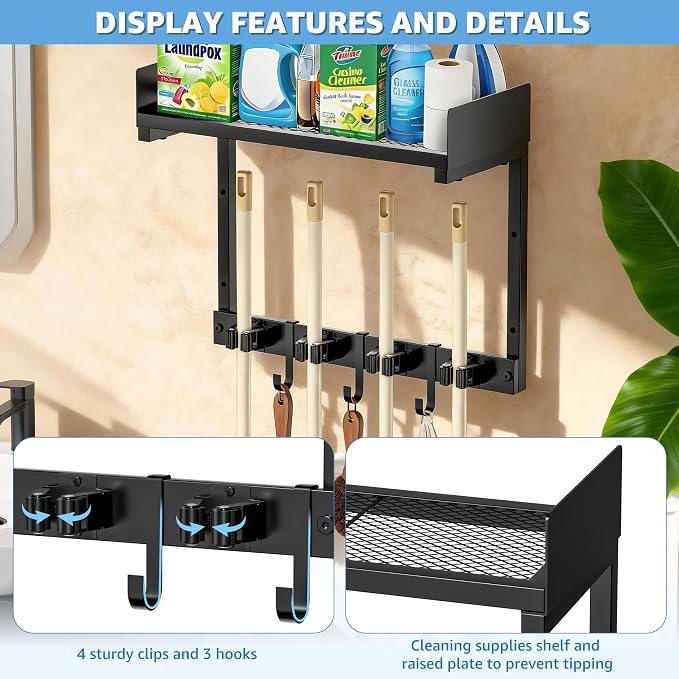 HUFAND 15" Wall Mounted Broom Holder and Mop Organizer with Shelf and Hook | Black Broom Holder Wall Mount, 4 Grippers, 3 Movable S-Hooks, For Garage And Laundry Room Storage