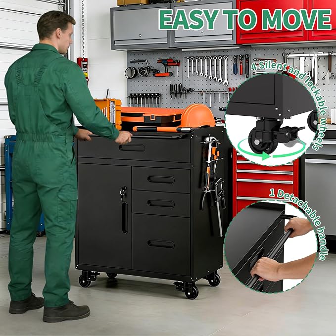 Garage Storage Cabinet,Metal Rolling Tool Cabinet with 2 Pegboard and 10 Hook,Heavy Duty Mechanics Tool Chest Storage for Workshop, Basement,Warehouse,Include Workbench Liner,Black
