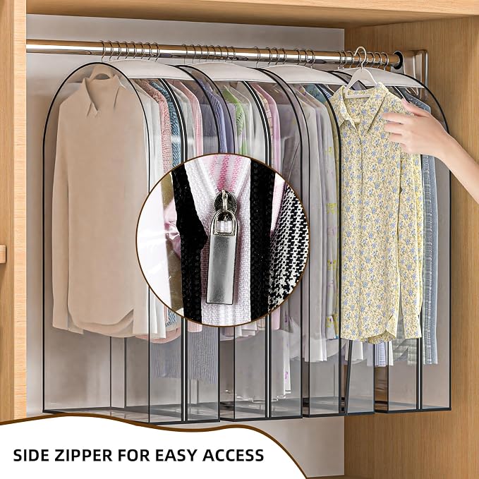 Clear Garment Bags for Hanging Clothes, 4-Pack, 32" | Upgraded thickened clear garment bags with 10" gusset for closet storage of shirts, coats, dresses