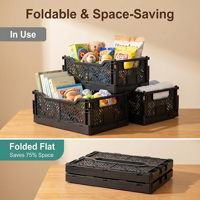 6-Pack Collapsible Plastic Storage Baskets, Stackable Bins with Label Slots | Plastic crates(12.2"x8.3"x4.7"). Fold flat to save space. Ideal for pantry, toys, office shelf organization & decluttering