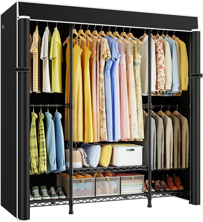 E3C Heavy Duty Portable Closet Wardrobe with Black Fabric Cover | Freestanding Metal Closet System Storage Organizer for Clothing, Clothing Rack Holds up to 850 lbs, 59.5"W x 16.5"D x 77.4"H
