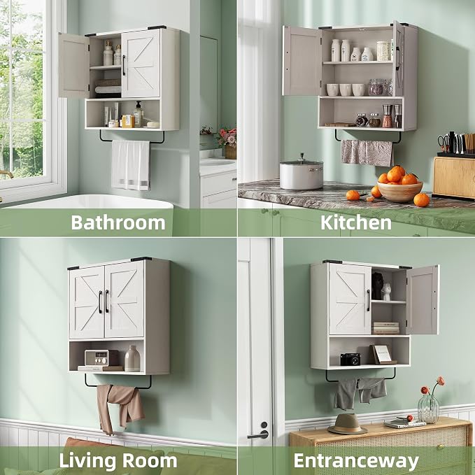 24" Bathroom Wall Cabinet with Barn Doors, Towel Bar & Sensor Light | 3-Color Motion Sensor LED / Double Barn Doors / Adjustable Shelf / Open Shelf / Built-in Towel Bar / Farmhouse Style