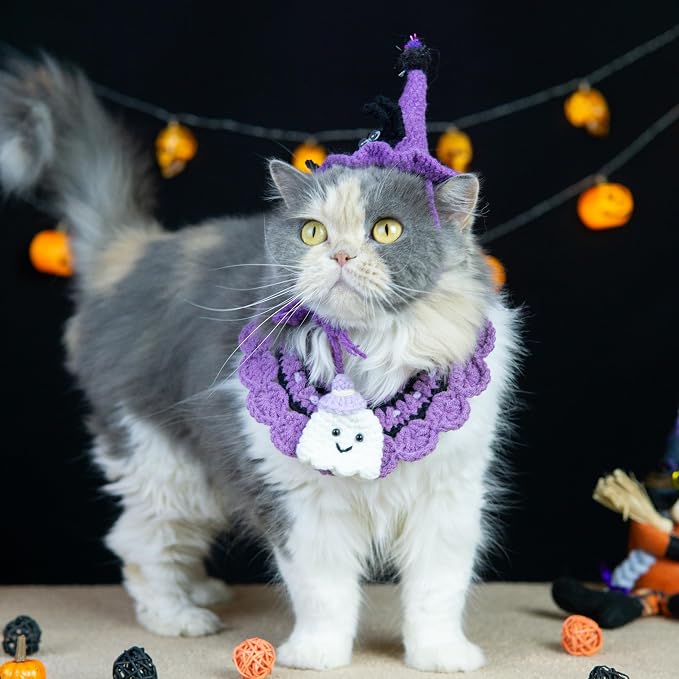 Halloween Cat Costume & Dog Outfit – Handmade Purple Witch Hat & Cute Ghost Cat Clothes, Adjustable Pet Outfit for Rabbits,Cats &Small Dogs, Lightweight & Breathable, Festive Pet Accessories