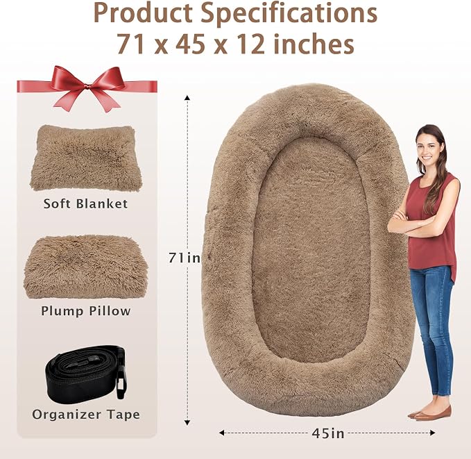 ROOMTEC Human Dog Bed, 71''x45''x12'' Size Fits Adult and Pet Washable Giant People Bed 10 CM Thick Memory Foam Large Oversize Pet Bed with Plump Pillow, Blanket, Strap - Khaki