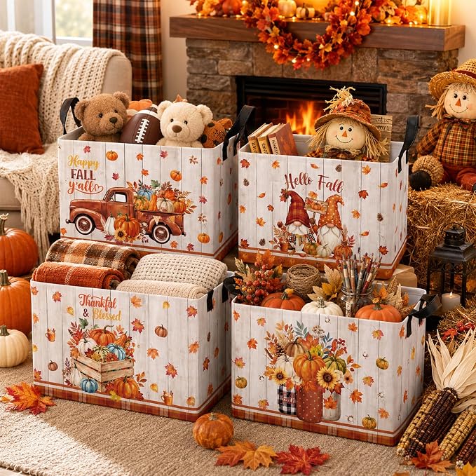 4 Pcs Fall Storage Basket for Gifts Empty Large Fall Pumpkin Storage Bins with Handles 15 x 10 x 8 Fabric Laundry Baskets Autumn Harvest Collapsible Organizer Boxes for Home Clothes Toys Books