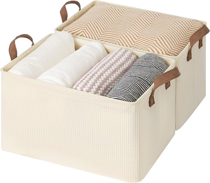 StorageWorks Closet Storage Bins, Storage Baskets for Shelf, Beige, 2-Pack | Large, With Reinforced PU Handles, Metal Frame, Collapsible, Basket for Shelves, Closet, Holds Clothes, Towels, Blankets