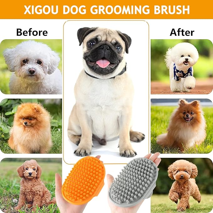 XIGOU Dog Bath Brush, 2 Pcs Short Hair Grooming Brush for Dogs & Cats - Soothing Massage Rubber Bristles Curry Comb with Adjustable Handle