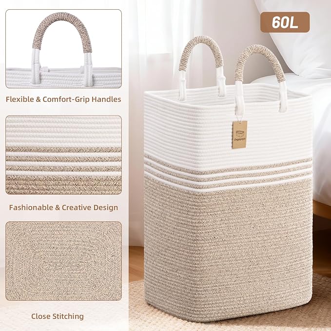 Laundry Basket Hamper,Blanket Storage,Dirty Clothes Hamper with Swivel Handles,Woven Cotton Rope Toy Baskets,Blanket Basket Living Room,Decorative Hampers for Nursery,Bedroom,White & Linen,60L
