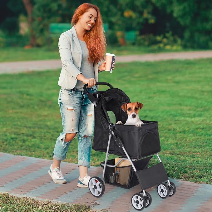 4 Wheels Dog Stroller Folding Pet Strolling Cart for Small Medium Cats Puppies Portable Jogger Travel Camping Puppy Carrier with Storage Basket Cup Holder, Black