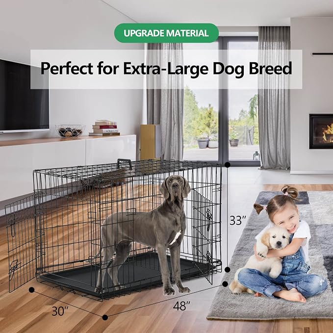 Heavy Duty Large Dog Crate, 48 Inch Dog Crates for Large Dogs, Metal Wire Folding Dog Cage with Removable Trays, Locks, Double-Door, Divider Panel, Handle, XXL Dog Crate Pet Crate (48 in, Black)