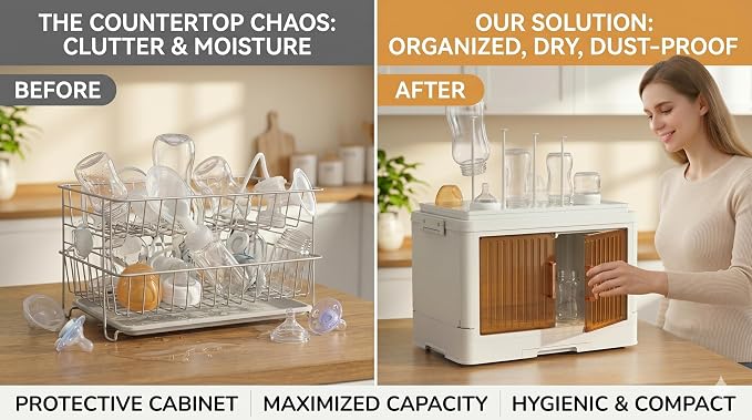 Vessy Baby Bottle Organizer for countertop with Drying Rack, Cover Dustproof Baby Bottle Storage Box Cabinet Station Essentials Clear Doors Plastic Storage Organizer White