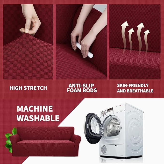 YEMYHOM Couch Cover Latest Jacquard Design High Stretch Sofa Chair Covers for Living Room, Pet Dog Cat Proof Armchair Slipcover Non Slip Magic Elastic Furniture Protector (Small, Christmas Wine Red)