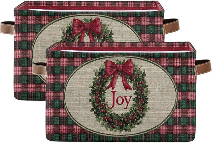 Christmas Joy Wreath Bow Knot Storage Basket with Waterproof Liner and PU Handles Winter Poinsettia Buffalo Plaid Storage Bins Boxes 14.2" Collapsible Decorative Baskets for Bedroom Office 2 Pack
