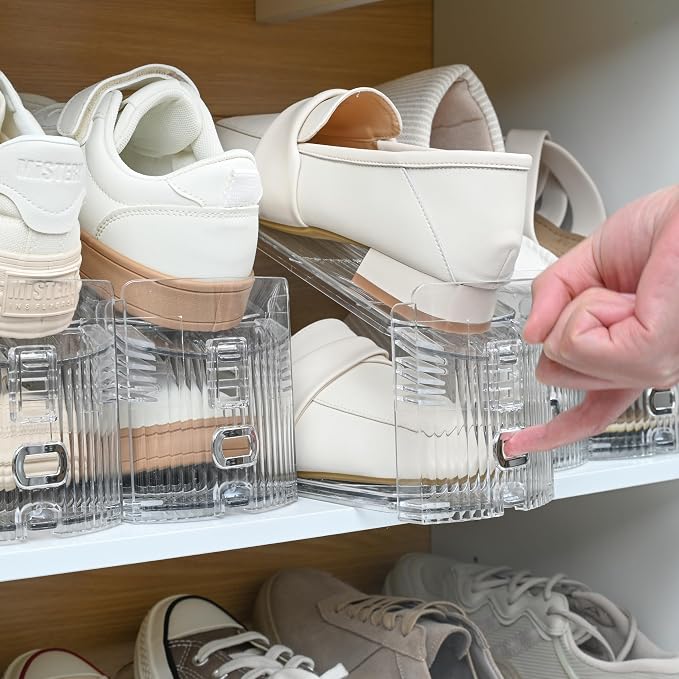 12-Pack Adjustable Shoe Slots Organizer for Closet, Clear | 12 transparent PET shoe stackers organize up to 12 pairs; 3 adjustable height levels for sneakers, heels, and flats.