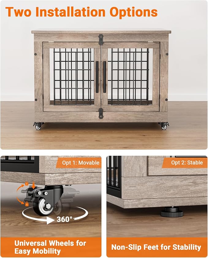 YaFiti Dog Crate Furniture, 32.5” Wooden Indoor Dog Kennel, Grey | Cushion, Wheels, Double Doors, Furniture Style, Side End Table, Decorative Pet Cage House, Up to 45 lb, for Small/Medium Dogs