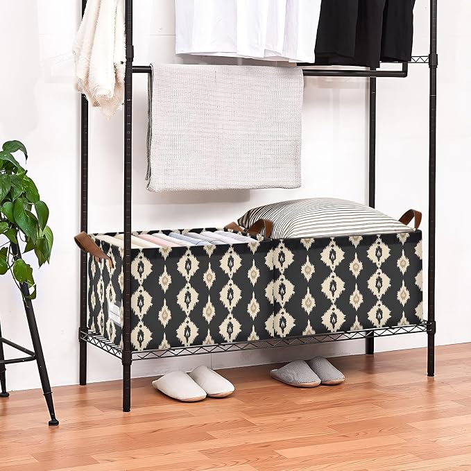 Ikat Black and Beige Abstract Storage Bins for Shelves with Labels&Handles Fabric Organizer Bin Foldable Rectangle Storage Basket Boxes for Closet, Bathroom, Home, Living Room
