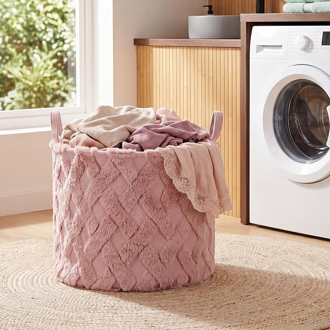 LemonRoad Extra Large Basket 20"x14", Woven Basket for Laundry Blanket Toy Box with Handle Storage, Blanket Storage for Living Room Nursery Pillows Chest(Pv Plush,Diamond,Pink)