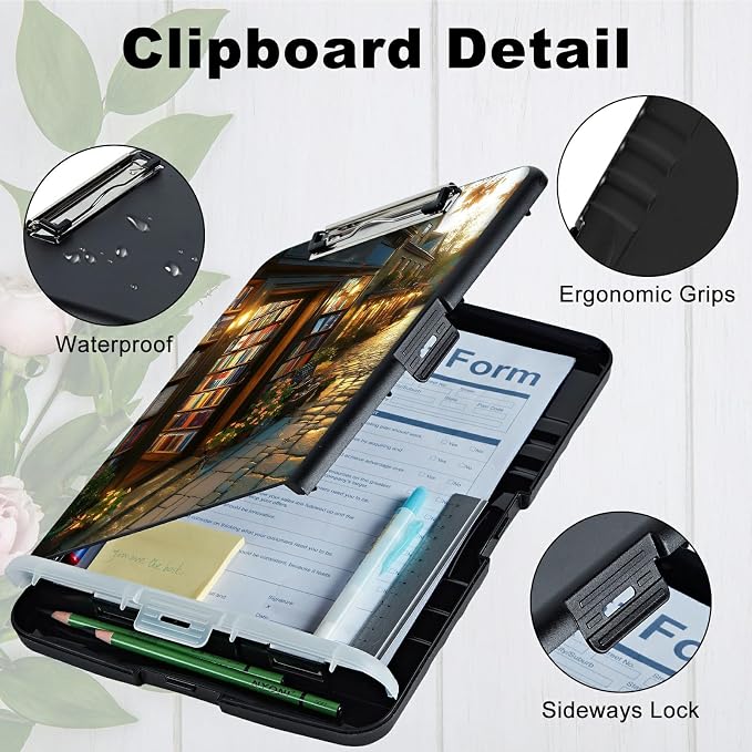 A4 Clipboard with Storage Pen Holder, Clipboards Organizer Nursing Clipboard Foldable File Folder Plastic Clipboard Folio Clip Board for Office Work Classroom Doctor, Flower Library