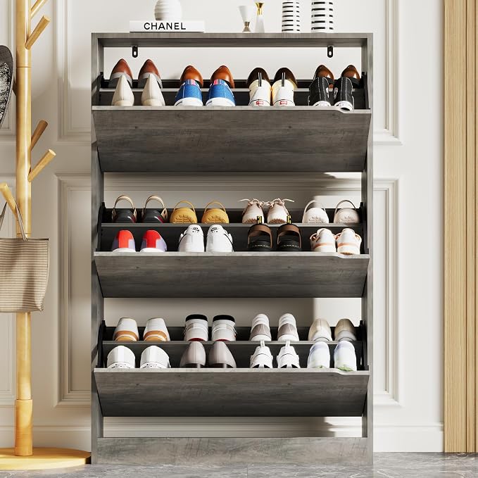 Xixini Shoe Storage Cabinet for Entryway with 3 Flip Drawers, Sturdy Wood Hidden Shoe Storage, Freestanding Narrow Slim Shoe Organizer for Front Door Entrance, Living Room, Hallway, Bedroom, Grey
