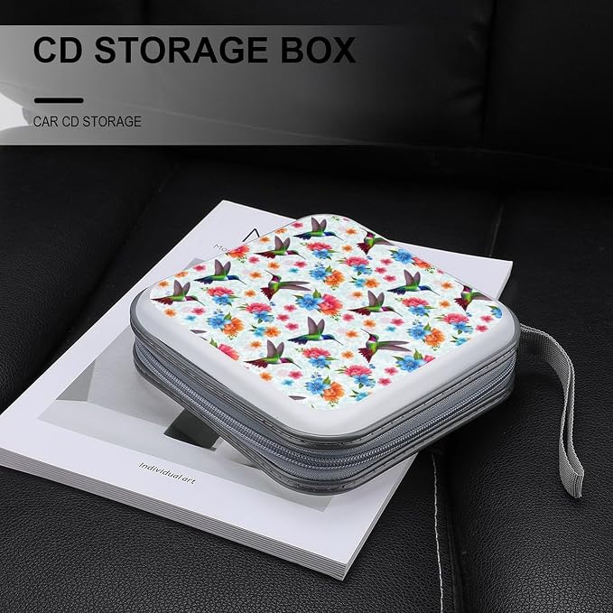 Portable DVD CD Organizer Wallet Bird Colorful Flowers Hummingbirds Floral, 40-Capacity Hard Case with Strap, Protective Storage Binder for Car Home