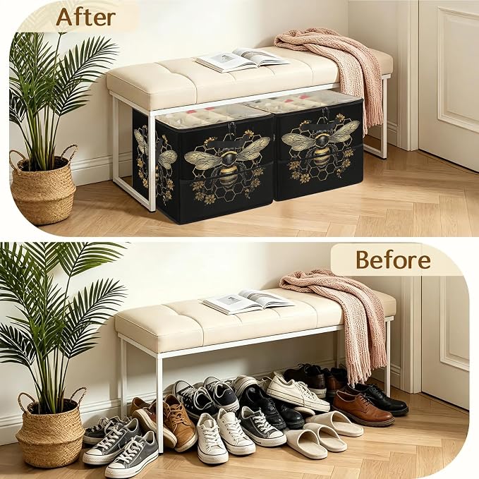 TropicalLife Bee Honeycomb Shoe Organizer for Closet | Vintage Golden Flower Foldable Shoe Storage Organizer Box Bin with Adjustable Dividers & Clear Cover, Fits up to 16-32 Pairs