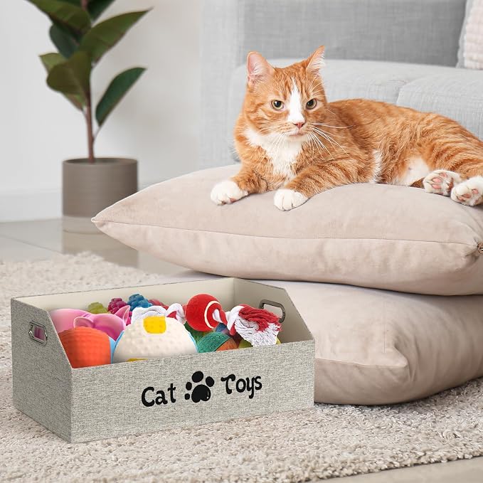 19.7 Inch Cat Toy & Supplies Storage Organizer with Metal Handles | Foldable Fabric Bin Kitten Pet Chest Trapezoid Container for Organizing Cats Clothes Accessories