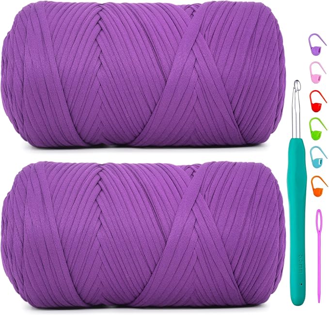2 Pack Tshirt Yarn for Crochet,Purple T Shirt Soft Elastic Fabric Chunky Thick T-Shirt Crochet Yarn for Crocheting Knitting Beginner Hand Knitting Bag/DIY Craft/Home Decor 2 * 400G-Violet Purple