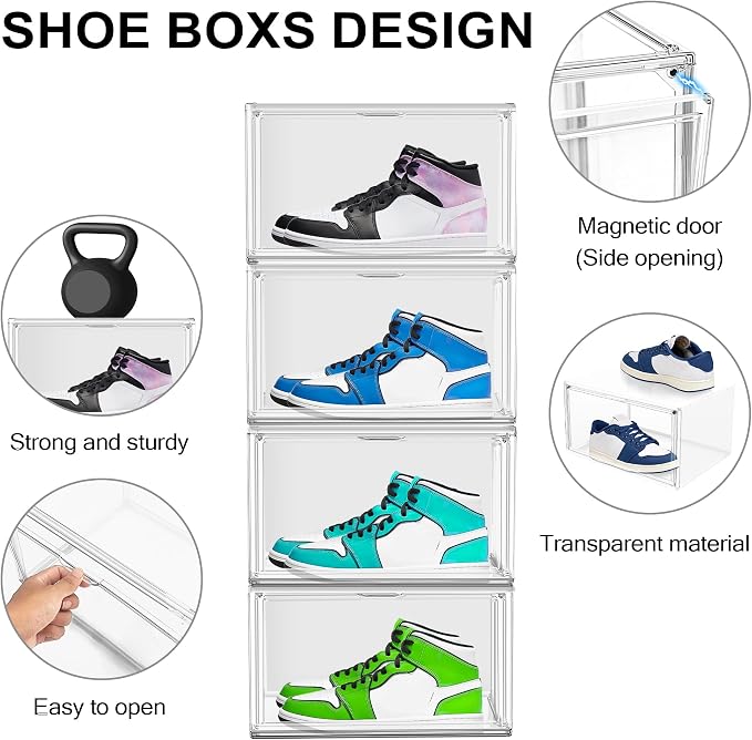 12 Pack Clear Shoe Boxes Plastic Stackable ‌Shoe Cabinet‌,Size 12.5 | Acrylic Magnetic Lids Drop Side Sneaker Display Case for Closet, Entryway, Fits Men's or Women's Shoes up to Size 12.5