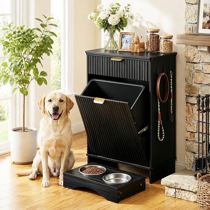 Dog Feeding Station with Storage Cabinet & 2 Elevated Bowls,Hooks,Black | Flip-top Sealed Food Bin.Pull-out Bowl Drawer with Wheels.Side Hooks for Leashes + Internal Shelf for Cans.For Dogs/Cats.