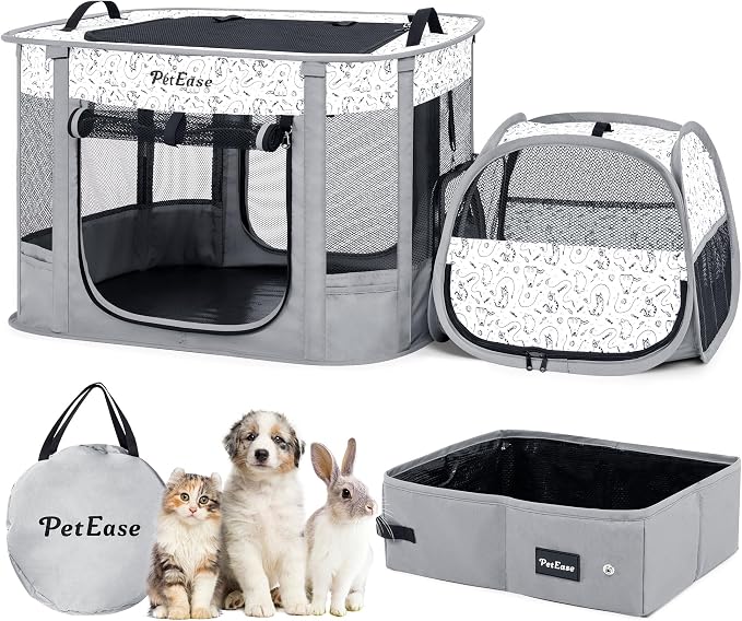 Portable Cat Playpen with Litter Box, Cat Enclosure for Camping, Cat Recovery Playpen After Surgery, Foldable Indoor Outdoor Pet Tent for Cats Rabbits Puppies (Light Gray)