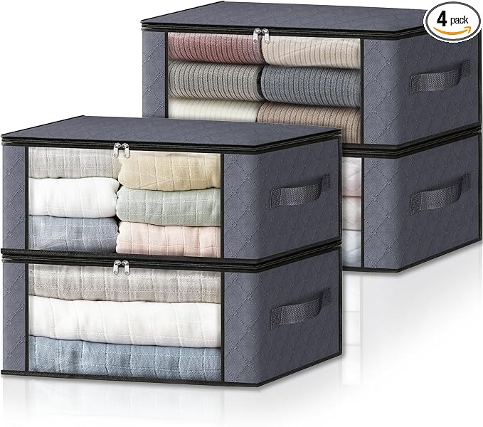 HomeHacks Storage 4-Pack Clothes Organizer Storage Bags Foldable Storage Box with Large Clear Window Sturdy Handles for Closet, Dorm, Pillows, Bedding, Clothes, Stuffed Toys, Blankets, Grey | Foldable Storage Box Container with Zippers, Clear Window, R...