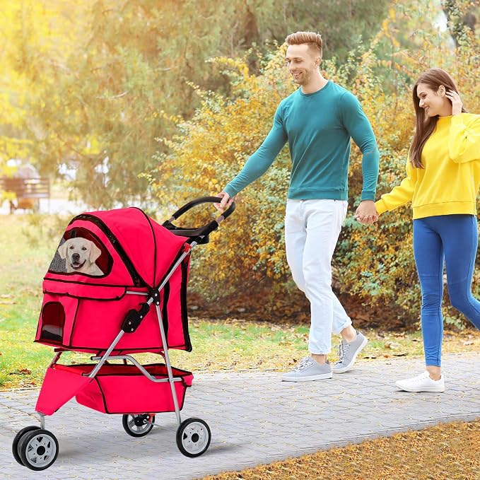 Dog Stroller with Storage Basket,3 Wheels Pet Stroller,Breathable Compact Portable Folding Carrier for Travel,Camping,Dog Carrier for Small Medium Dogs Or Cats,Lightweight Waterproof Pet Stroller,Red