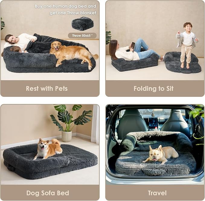 EHEYCIGA Foldable XXL Dog Bed for Large Sized Dog - 54x38x7.5, Dark Grey | Faux Fur Fluffy Pet Couch Bed, Orthopedic Calming Memory Foam Big Pet Bed, Washable Pet Sofa Bed with Non-Slip Bottom