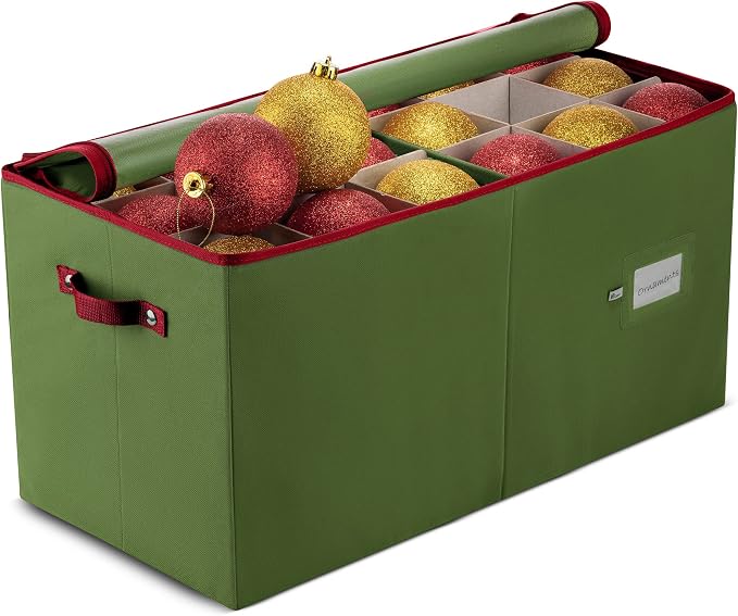 ZOBER Large Christmas Ornament Storage Box - Stores 54 4" Large Ornaments, With Dividers - Ornament Organizer Storage Box, Durable Christmas Containers Holder, Dual Zipper - Green