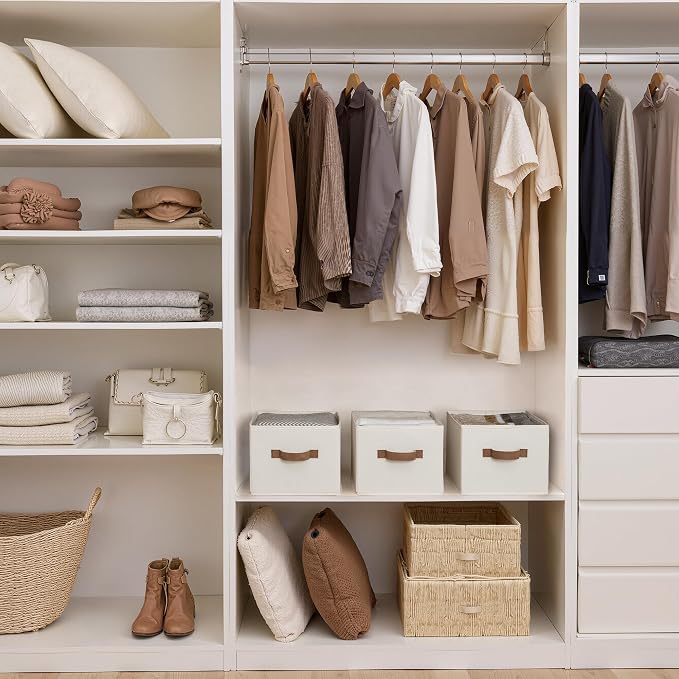StorageWorks Closet Storage Bins with PU Handles, Ivory White, Large | Closet Organizers and Storage Bins, Foldable Shelf Baskets, Clothes Storage Basket for Organization