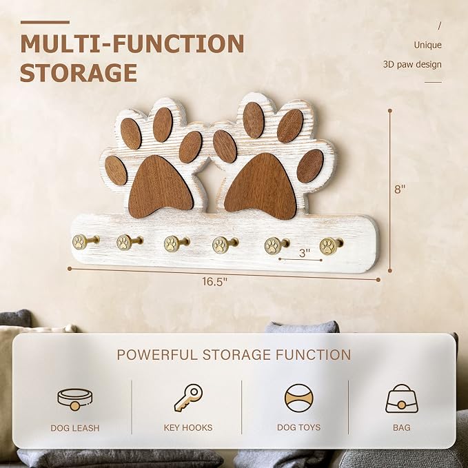 MTERSN Farmhouse Dog Leash Holder for Wall for Pet Supply Storage, White | Unique 3D Pet Claw Hooks, Decorative Dog Leash Hanger, Coat Rack with 6 Hooks for Hats, Dog Stuff Organizer for Entryway
