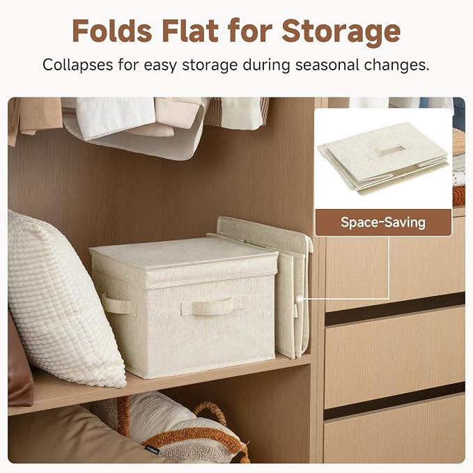 StorageWorks Fabric Storage Bins with Lids, Closet Storage Bins | Flip-Top Lid, 3 Handles, Collapsible, Stackable, for Clothes Blankets, Multi-Purpose, Medium, Rustic Linen, 2-Pack