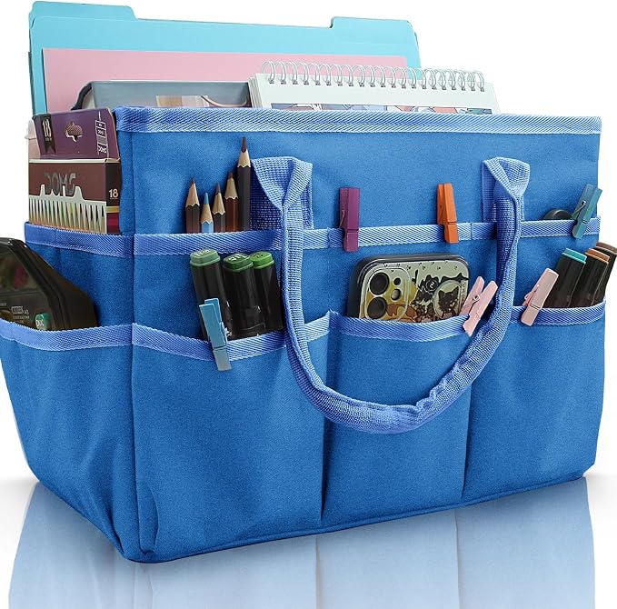 Cupohus Craft Organizer Bag, Blue Art Supply Tote with Multiple Pockets | Portable Storage Tote for Scrapbooking, Journal, Sewing, Oxford Fabric Carrying Caddy for Teacher, Officer, Artist