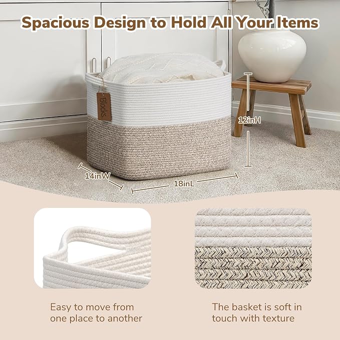 Goodpick 50L Large Woven Rope Storage Basket, Rectangle, Light Brown | 18" × 14" × 12" Stylish Gift Baskets for Living Room & Bedroom Organization, Cotton Rope Basket for Blanket & Toy Storage
