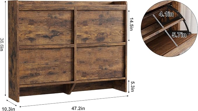 GarveeHome Shoe Cabinet with 4 Flip Drawers, Wooden Shoe Organizer Cabinet with Adjustable Shelf, Shoe Storage for Entryway, Hidden Shoe Cabinet for Hallway, Living Room, Rustic Brown