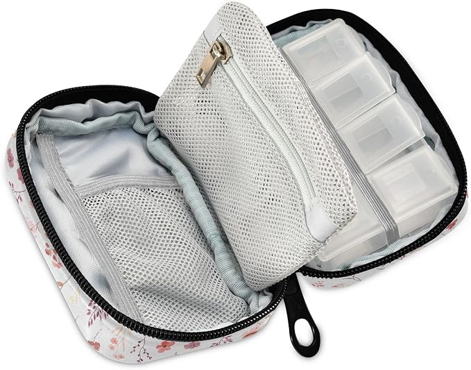 Ollabaky Wildflowers Watercolor Pill Organizer Travel Pill Cases Bag Portable Pill Container 7 Days Pill Box Organizer Vitamin Supplement Holder with Zipper for Family Business