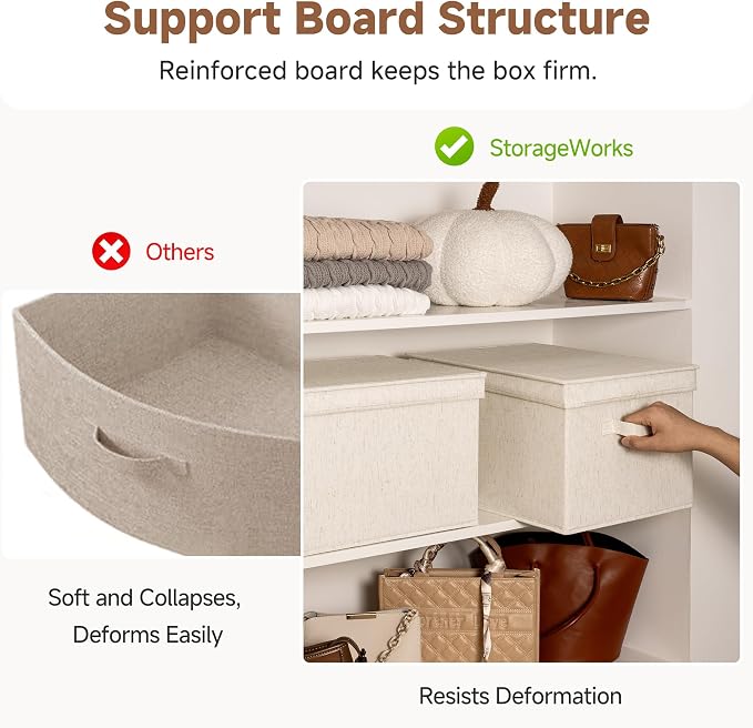 StorageWorks Fabric Storage Bins with Lids, Closet Storage Bins | Lidded Dust-proof, Easy Pull Handles, Foldable, Stackable, Ideal for Clothes Blanket Towel, Jumbo, Rustic Linen, 3-Pack