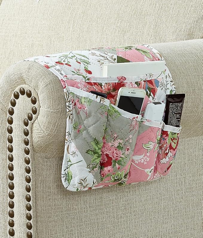 Brilliant Sunshine Peach Olive Patchwork Couch Armrest Cover, 35"×13" | Washable Magazine Holder, Armrest Organizer & Caddy on Sofa, Recliner, Armchair, Storage for Remote Controls, Phone, iPad