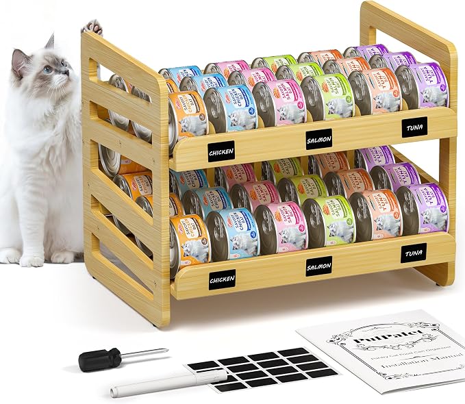 Cat Food Can Organizer for 3 oz and 5.5 oz Cans, Wooden FIFO Dispenser | Canned cat food organizer with FIFO lanes, write-on labels, marker and anti-slip pads for pantry shelves and feeding stations