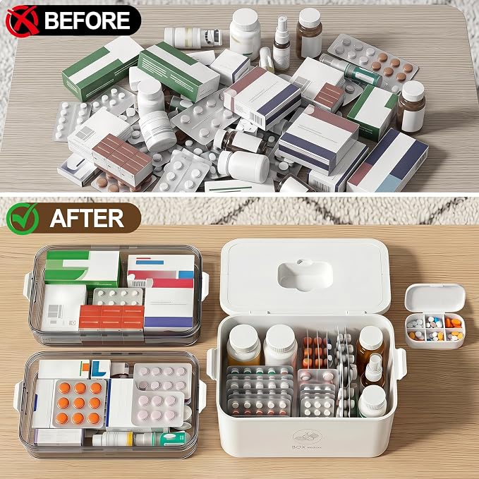 5-Tier Medicine Storage Organizer with Portable Pill Case, Portable First Aid Box with Removable Layers, Clear Medical Storage Container for Medicines, Vitamins & Emergency Supplies